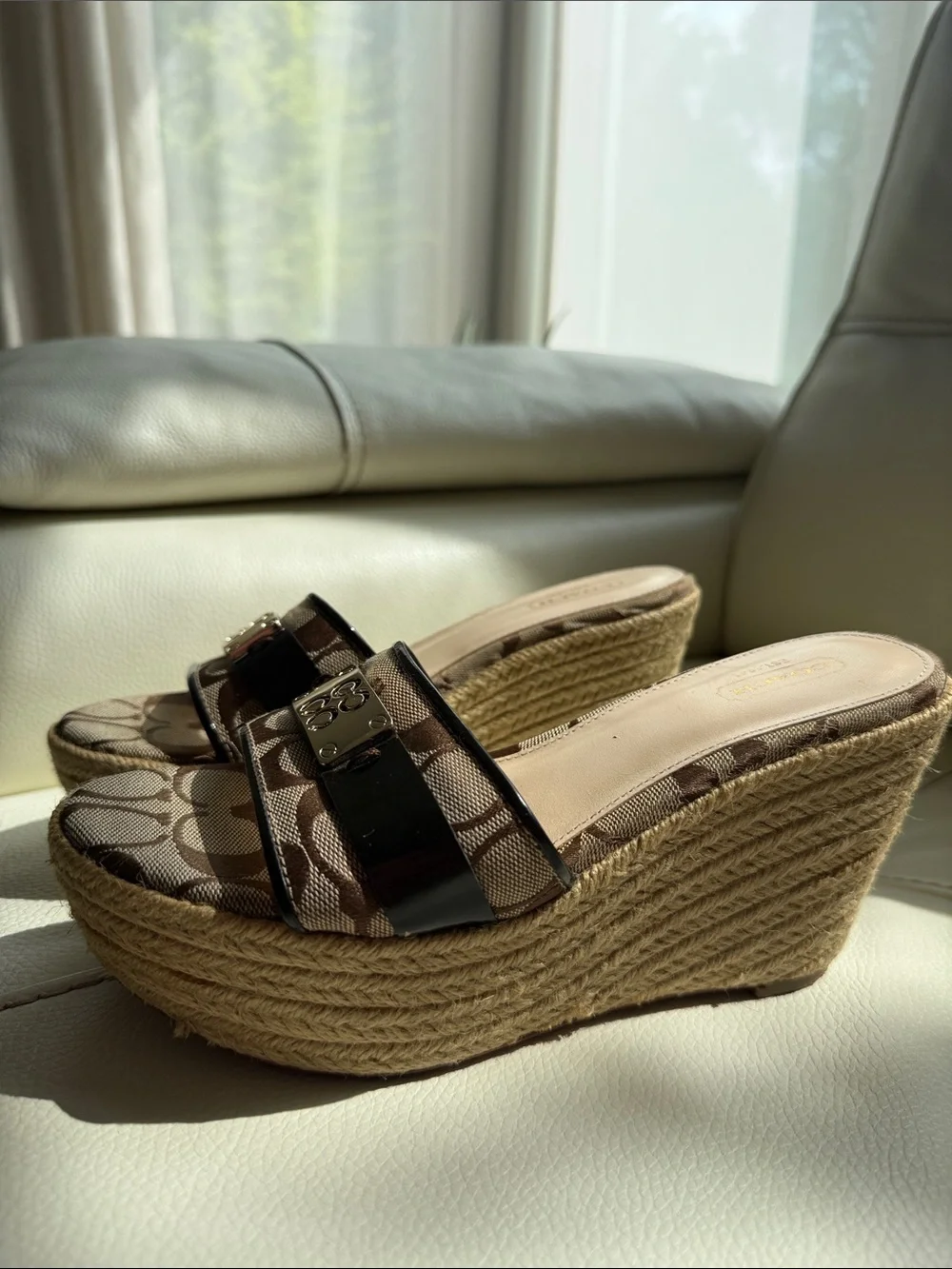COACH Christie Brown Signature Canvas Platform Espadrille Wedge Sandals